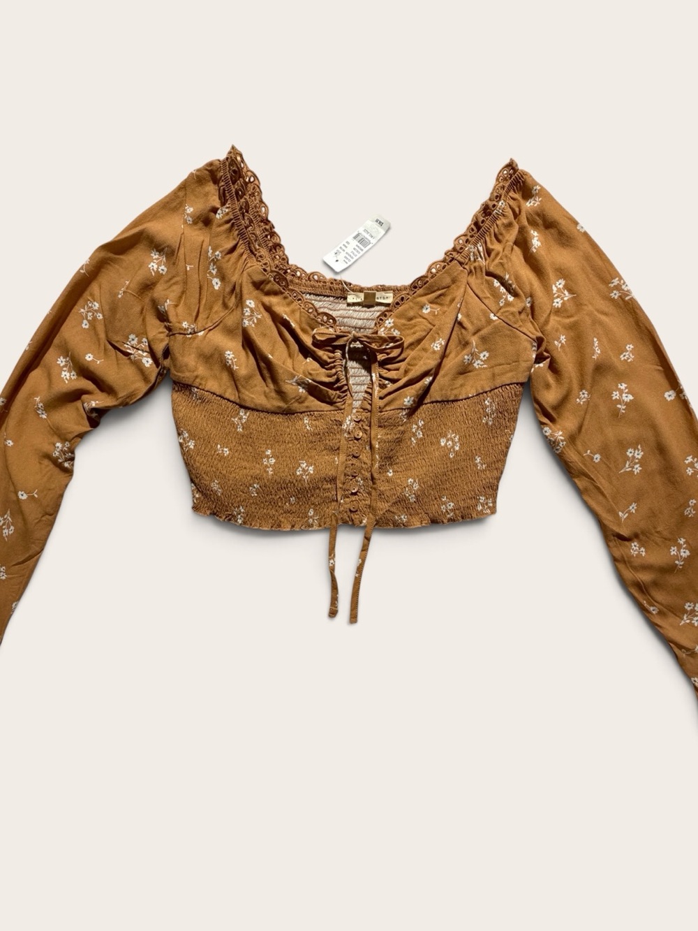 NWT - PAC SUN-LA Hearts Brown Floral Smocked Ruched Crop Top Long Sleeve Size L